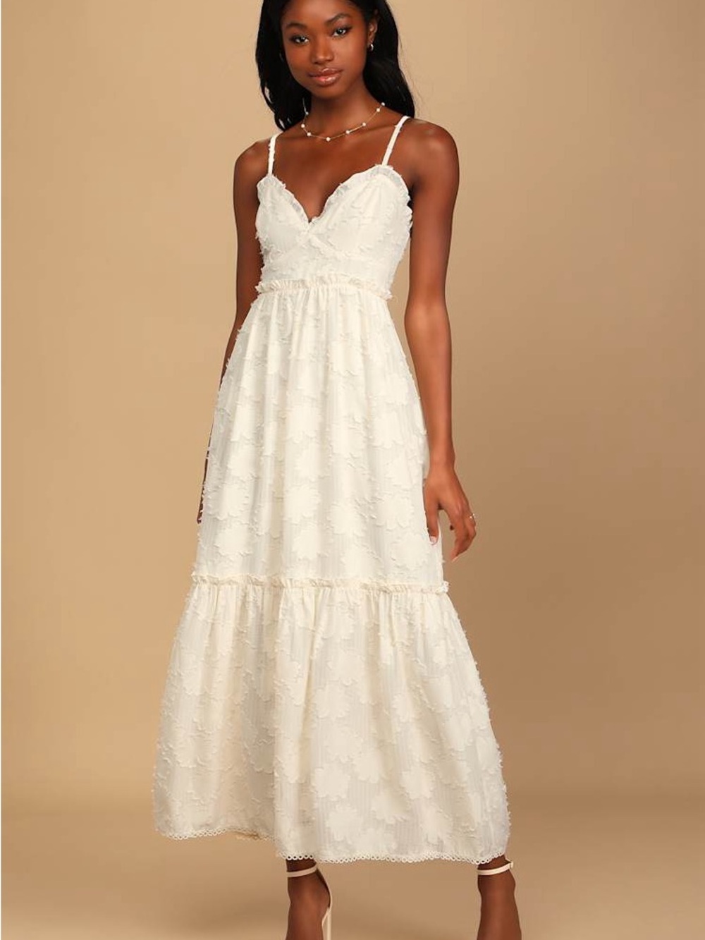 Lulu’s Charm & Charisma Cream Burnout Floral MIDI Dress Medium